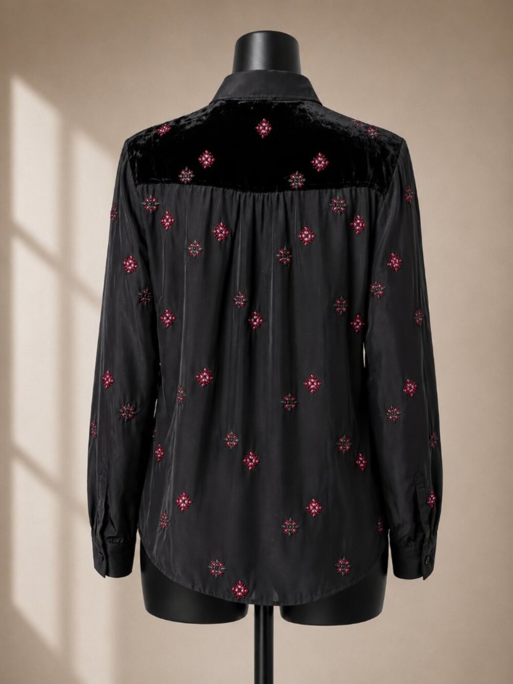 Johnny Was Workshop L Maxine Western Velvet Yoke Floral Blouse Cupra Silk - Picture 2 of 6